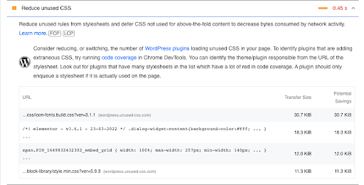 PageSpeed Insights and Stats for CSS File Loads after Scan